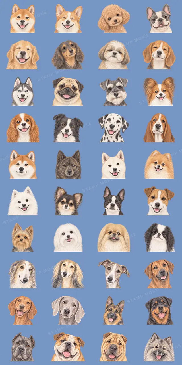 40匹の笑顔犬|パステル色鉛筆風 - 収録スタンプ一覧